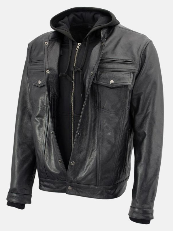 Mens Black Hooded Leather Jacket