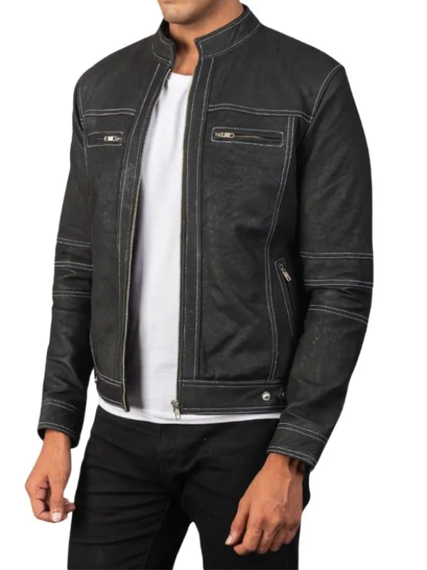 Men's Black Biker Distressed Leather Jacket