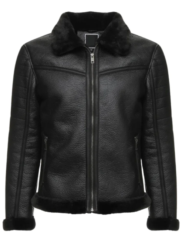 Men's Black Lightly Padded Shearling Leather Jacket