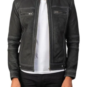 Men's Black Biker Distressed Leather Jacket