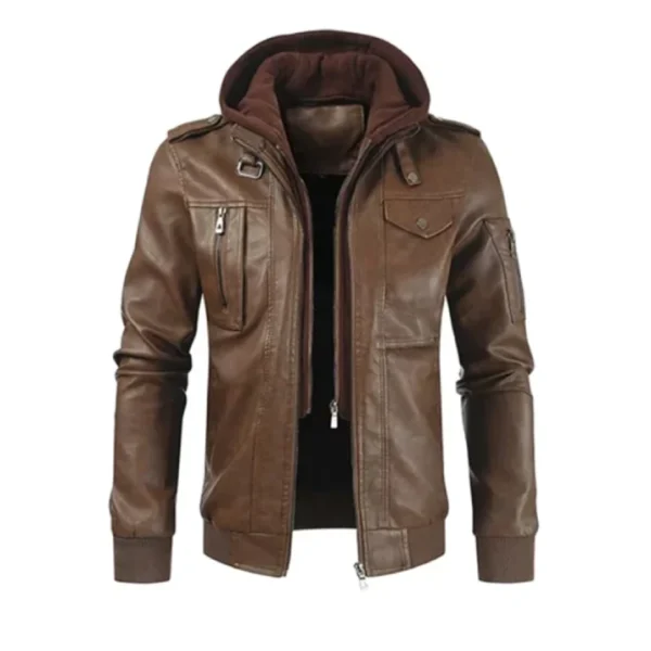 Men Brown Hooded Rider Leather Jacket