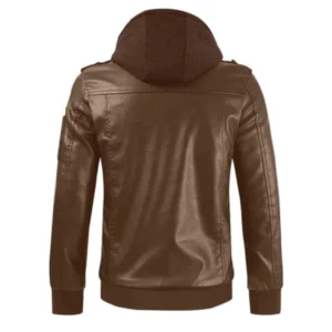 Men Brown Hooded Rider Leather Jacket Back