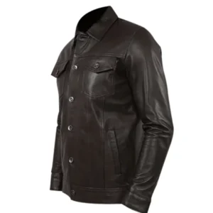 Men Genuine Leather Black Jacket Side