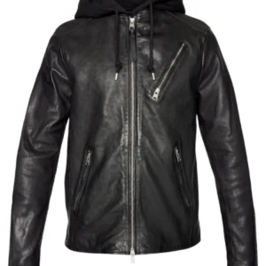 Men's Black Hooded Leather Bomber Jacket