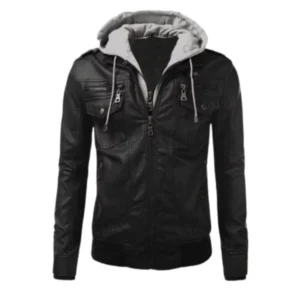 Mens Black Leather Hooded Jacket