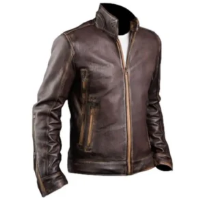 Mens Cowhide Cafe Racer Biker Leather Jacket