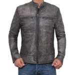 Mens Distressed Grey Moto Leather Jacket