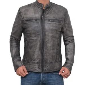 Mens Distressed Grey Moto Leather Jacket