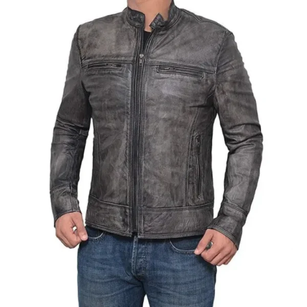 Mens Distressed Grey Moto Leather Jacket