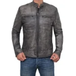 Mens Distressed Grey Moto Leather Jacket