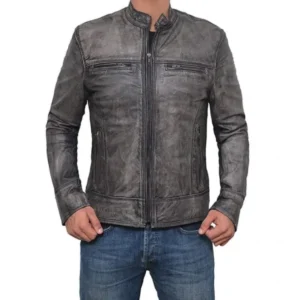 Mens Grey Moto Leather Jacket