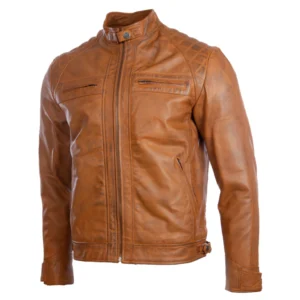 Mens Tan Biker Racer Leather Jacket