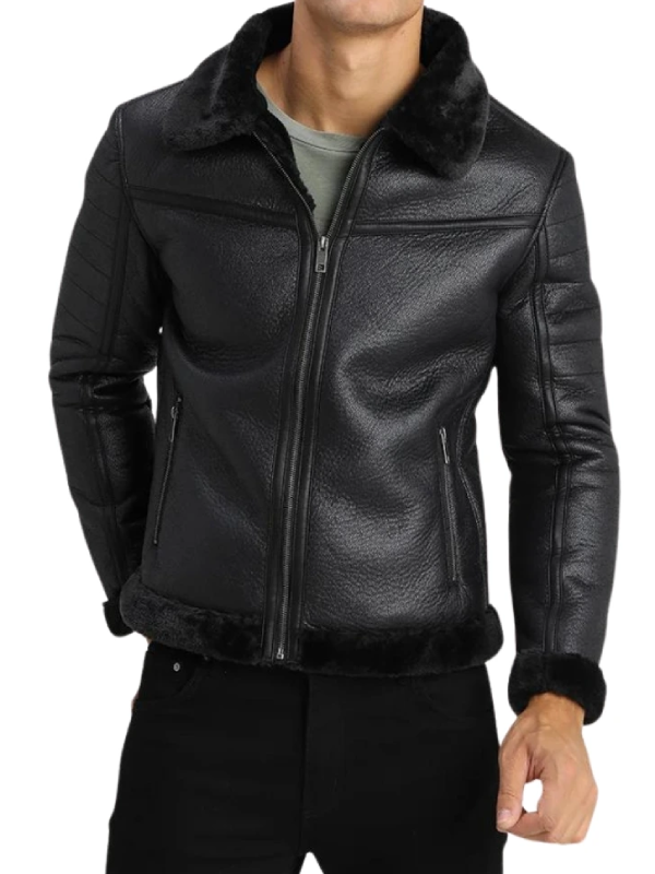 Men's Black Lightly Padded Shearling Leather Jacket