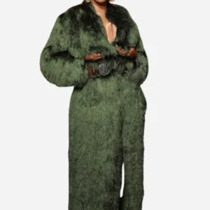 Cardi B Paris Fashion Week 2024 Green Fur Trench Coat